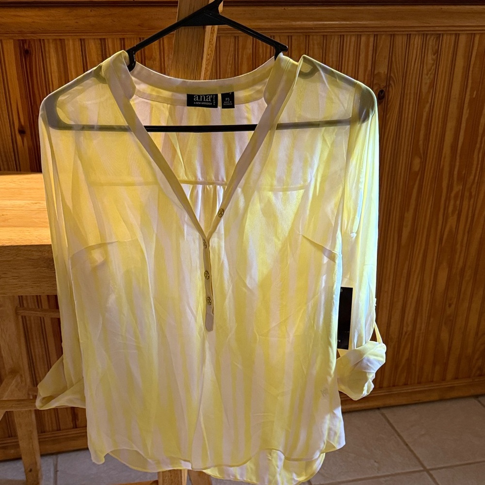 a.n.a Yellow & White Striped V-Neck Tunic Blouse NWT